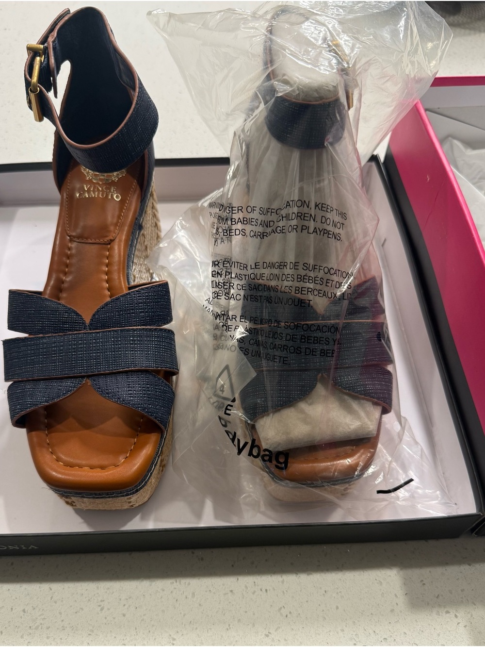 Vince Camuto Navy Denim and Tan Wedge Sandals